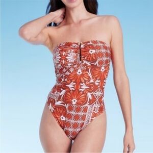 NWT Shade & Shore One Piece U Bar Removable Straps Bandeau Orange White Red M